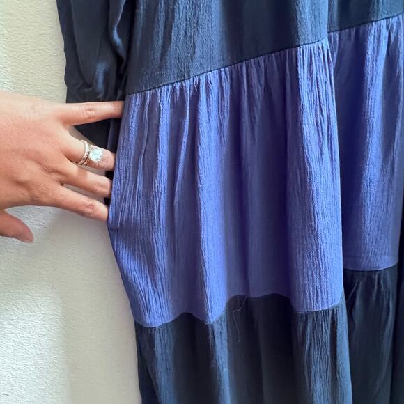 NEW Womens Floral V-Neck Embroidery Bohemian Flowy Love Blue Dress Long Sleeve L - Picture 6 of 10